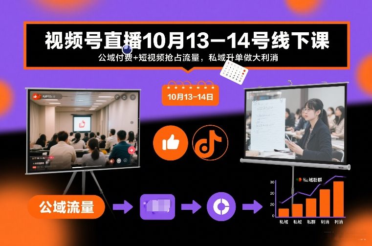 视频号直播10月13-14号线下课,公域付费+短视频抢占流量,私域升单做大利消-小目标云网创