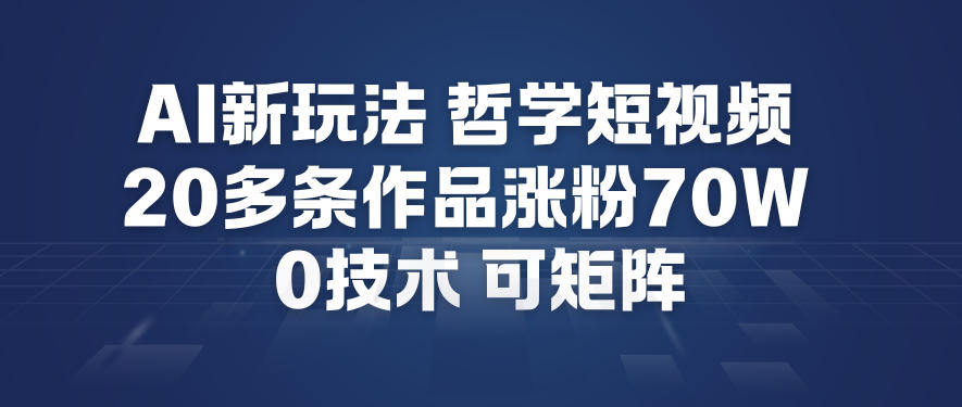 AI新玩法哲学短视频制作教学,20多条作品涨粉70W,0成本赛道,可矩阵-小目标云网创